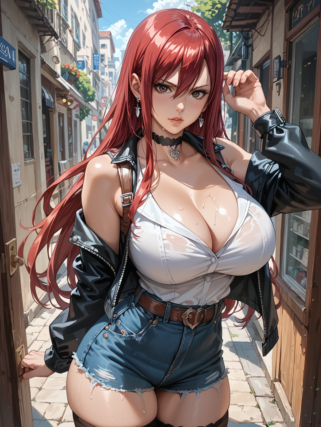 ai_generated breasts brown_hair choker erza_scarlet fairy_tail fbps35 jacket narrow_waist red_hair shiny_skin shirt short_shorts thick_thighs wide_hips