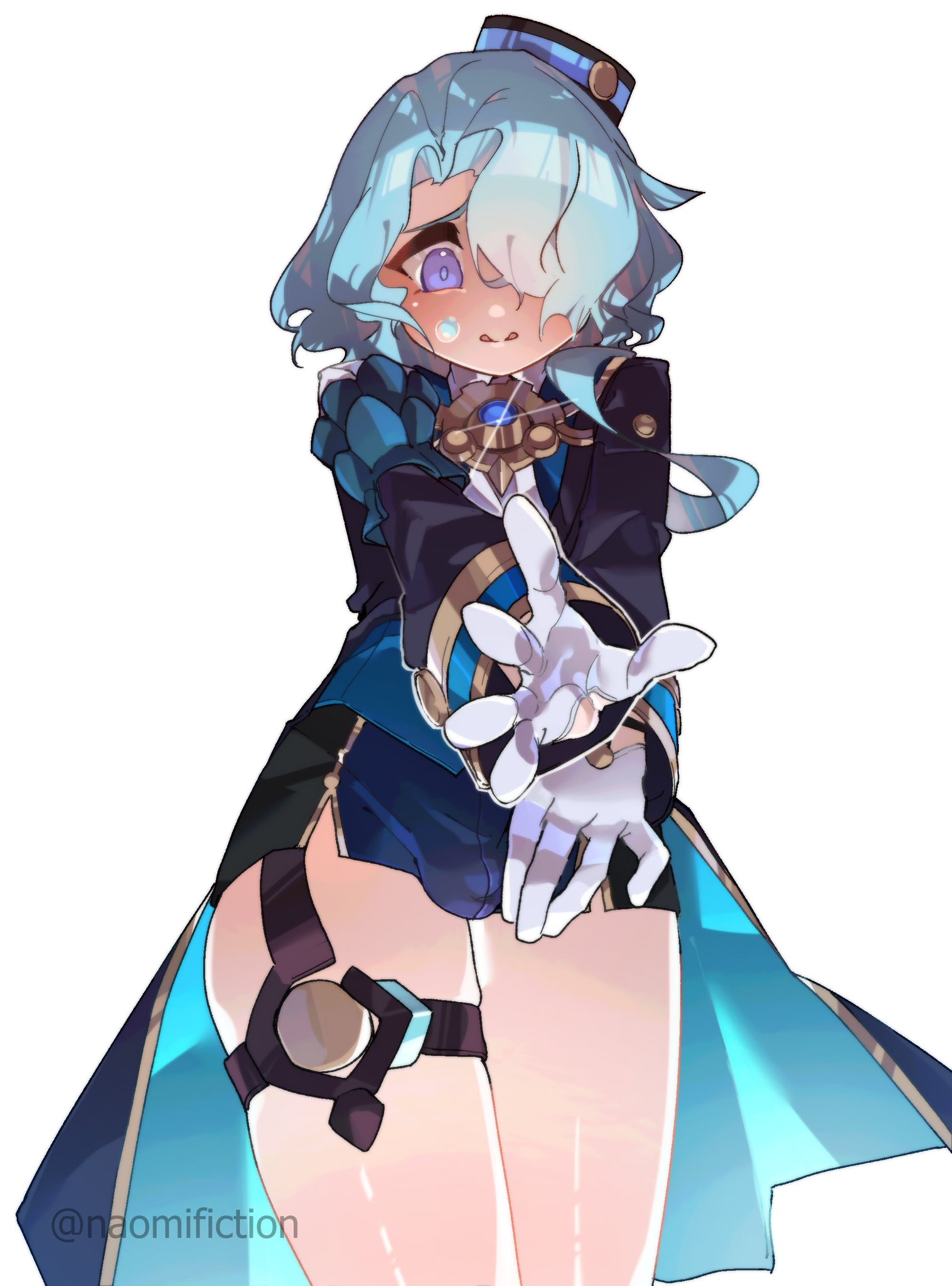 1boy, 1femboy, blue hair, blush, clothed, clothing, femboy, femboy focus, femboy only, fully clothed, honkai: star rail, looking down, male, male focus, male only, misha (honkai: star rail), naomifiction, purple eyes, solo, solo focus, solo male, thick thighs