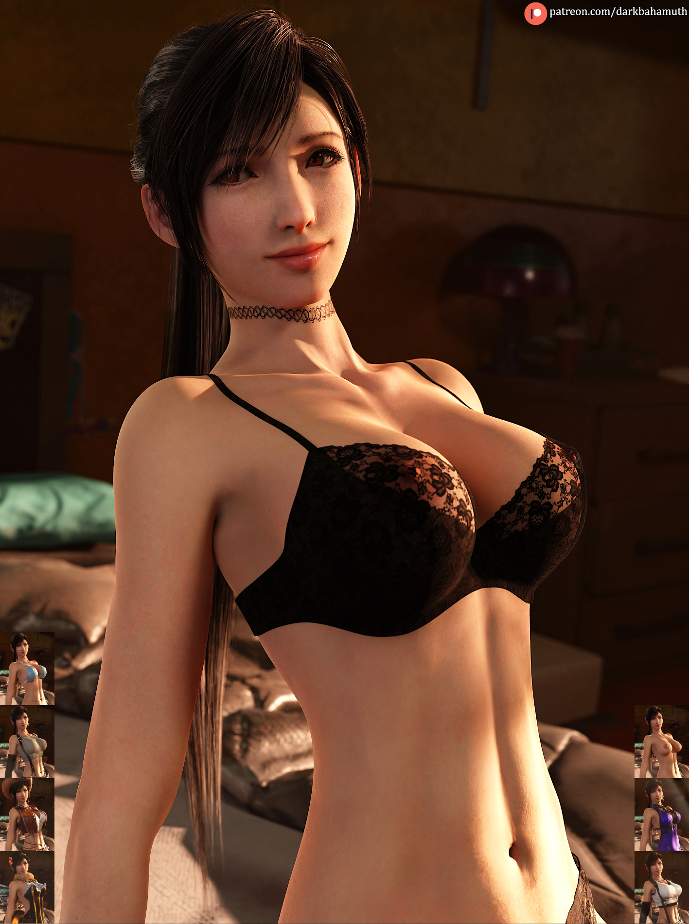 1girls, 3d, 3d (artwork), belly button, big breasts, black bra, black hair, bra, breasts, choker, collar, darkbahamuth, female, female focus, female only, final fantasy, final fantasy vii, hair, hi res, high resolution, large breasts, lingerie, navel, pinup, ponytail, slim waist, smile, solo, tifa lockhart