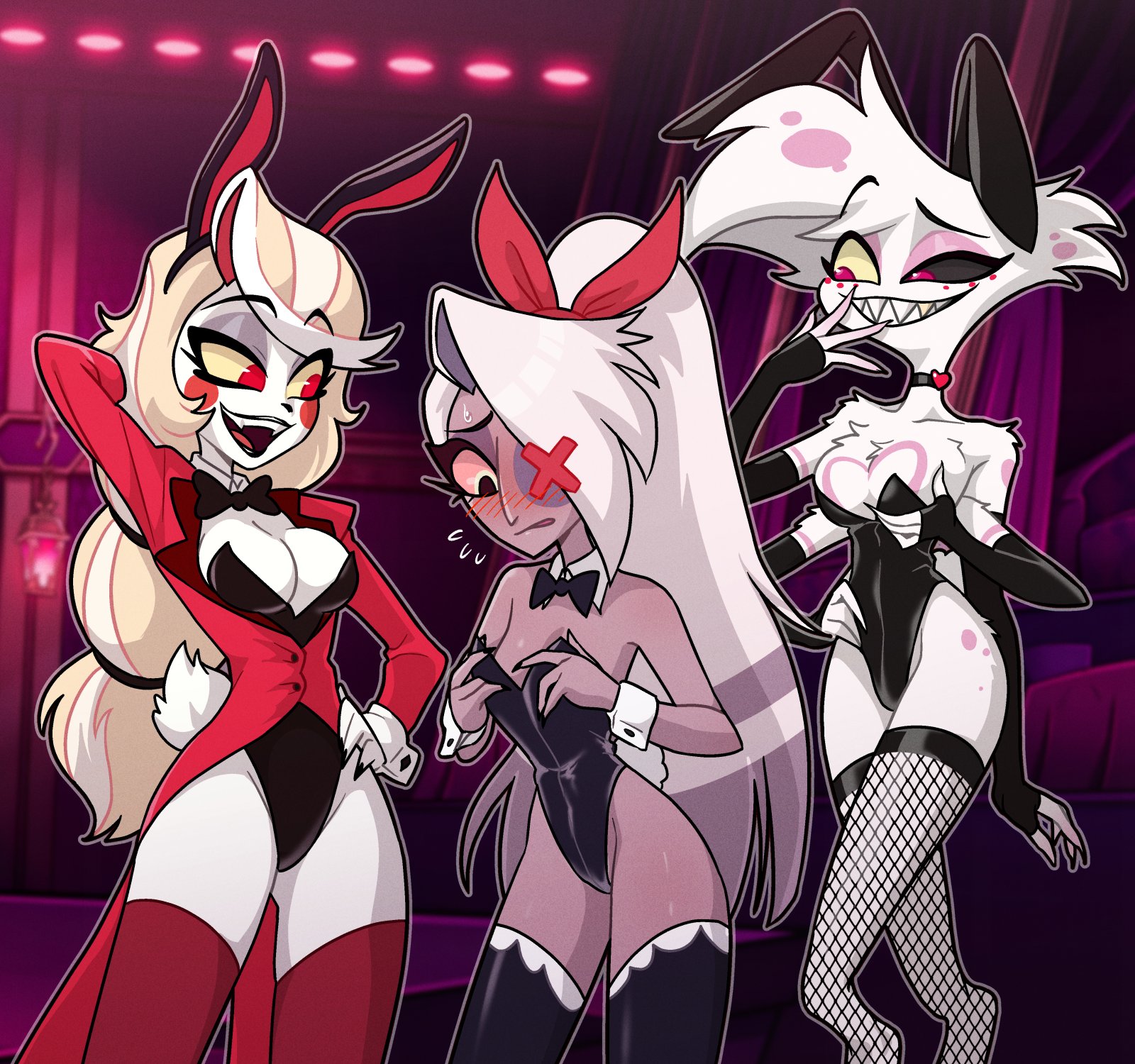1boy, 2girls, angel dust (hazbin hotel), big breasts, big butt, big thighs, big titties, blush, breasts, bunny ears, bunny girl, bunny girl suit, bunnysuit, centinel303, charlie morningstar, charlie morningstar (hazbin hotel), clothing, curvaceous, curvaceous female, curvaceous figure, curvy, curvy figure, curvy hips, female, femboy, fully clothed, grey body, hazbin hotel, humanoid, long hair, looking at viewer, male, smile, tana351, vaggie (hazbin hotel), white hair, yellow hair