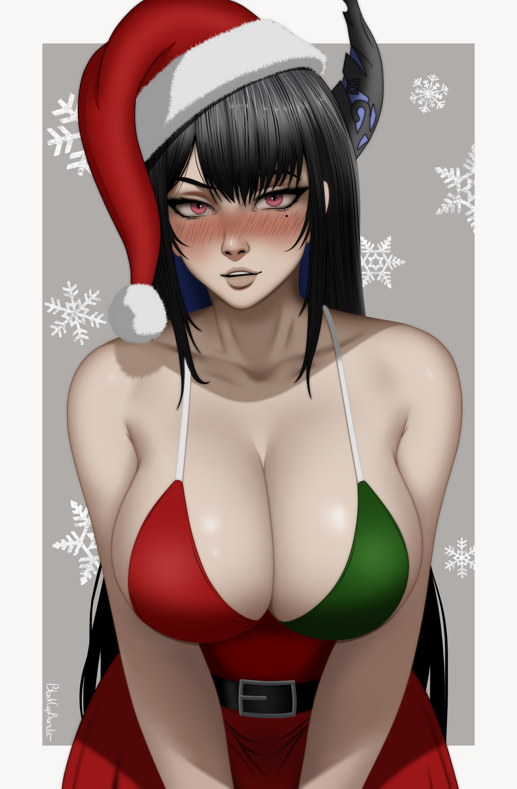 beauty_mark blackcapbandit christmas christmas_headwear cleavage digital_media_(artwork) female hololive hololive_english hololive_english_-advent- horns looking_at_viewer nerissa_ravencroft pinup purple_eyes virtual_youtuber vtuber