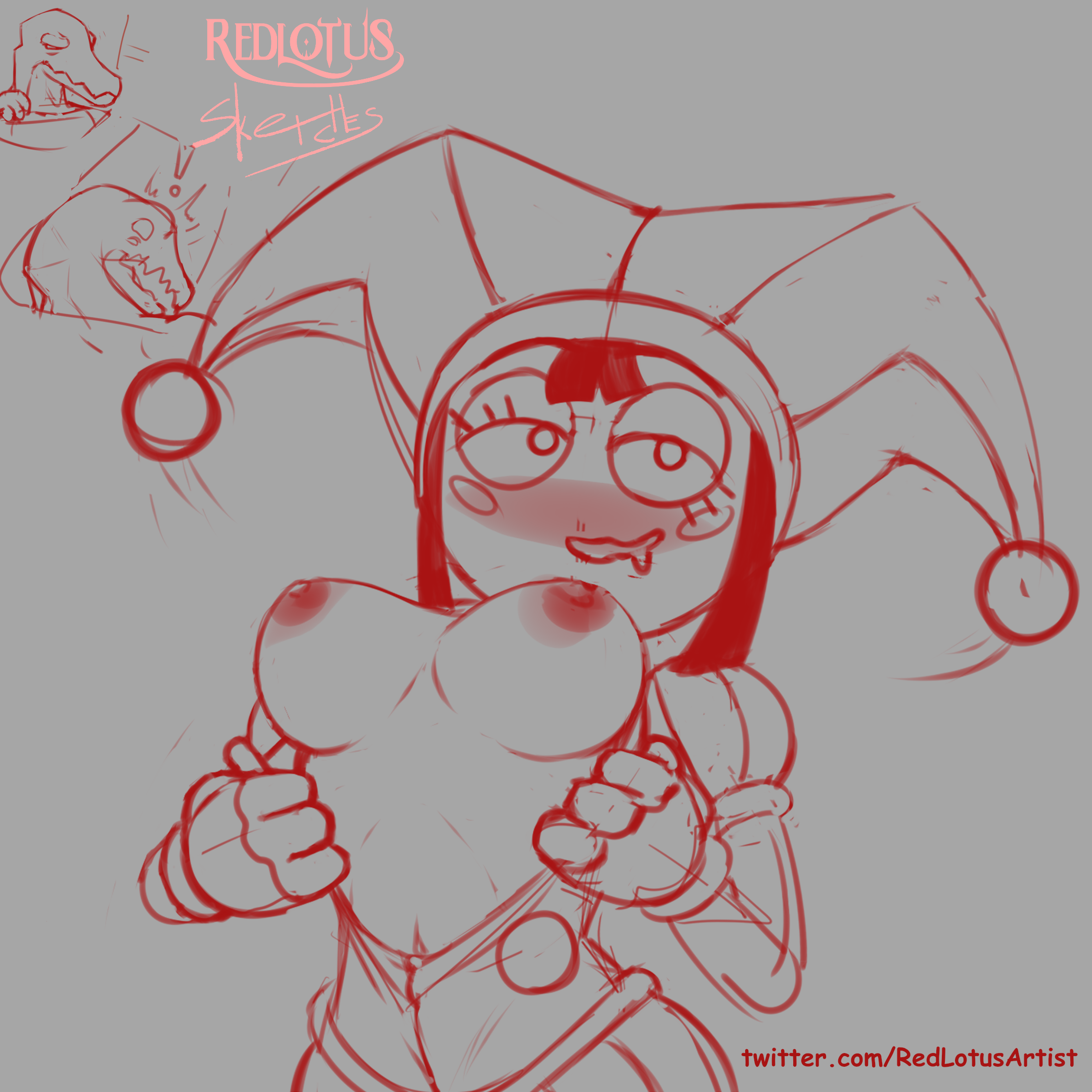 2024, animal humanoid, anthro, breasts, breasts out, candy, clothing, clown, clown girl, dessert, digital drawing (artwork), digital media (artwork), female, female focus, food, food creature, glitch productions, gummigoo (the amazing digital circus), gummy (food), headwear, horny, horny female, human, humanoid, interspecies, living candy, male, male anthro, male/female, mammal, nude, nude female, penetration, pomni (the amazing digital circus), redlotus, reptile, reptile humanoid, sketch, the amazing digital circus, tits out, unfinished