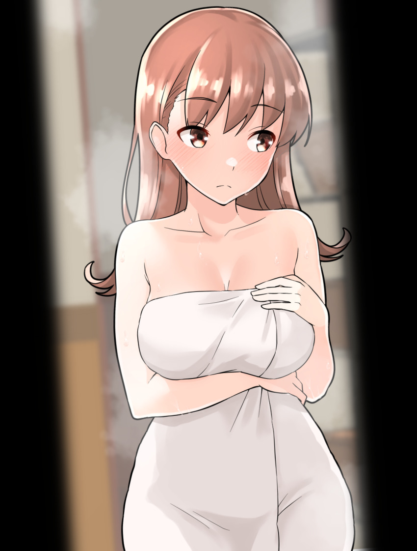 after_bathing blurry blurry_background breasts brown_eyes brown_hair doorway female furaggu_(frag_0416) highres kantai_collection large_breasts long_hair looking_to_the_side naked_towel ooi_(kantai_collection) pov_doorway solo standing towel white_towel