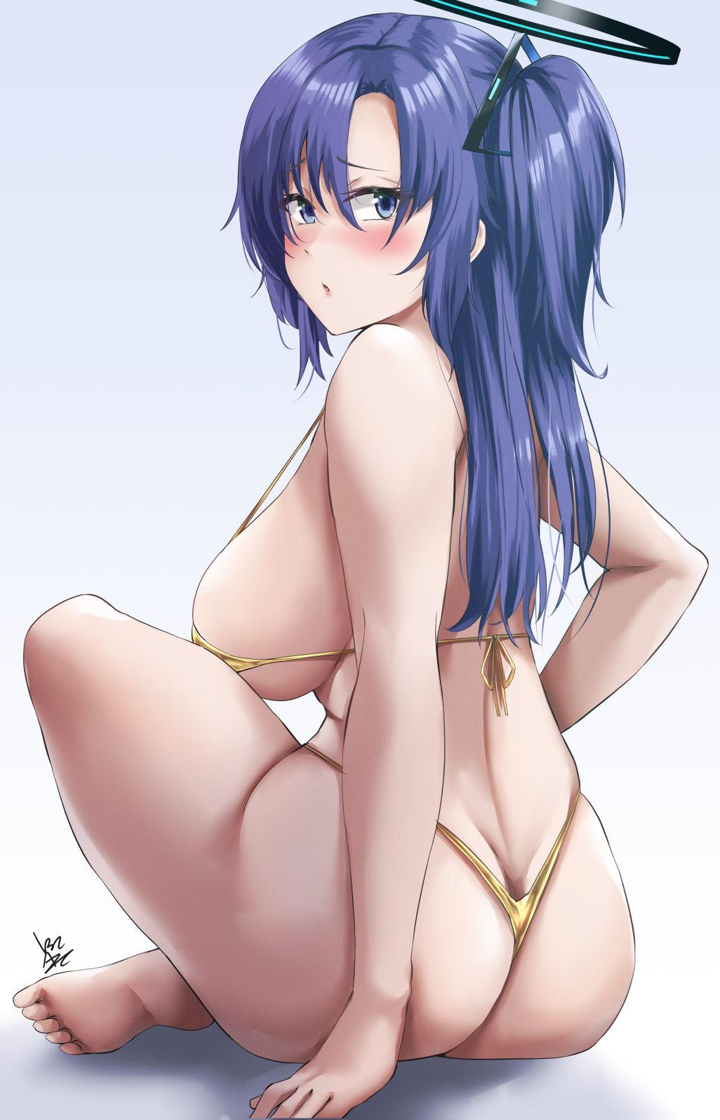 ass barefoot bikini blue_archive blue_eyes blush breasts female from_behind gold_bikini halo highres ibara_azuki large_breasts long_hair looking_at_viewer looking_back lotus_position mechanical_halo micro_bikini millennium_science_school_student purple_hair seminar_(blue_archive) signature sitting soles solo swimsuit toes two_side_up yuuka_(blue_archive)