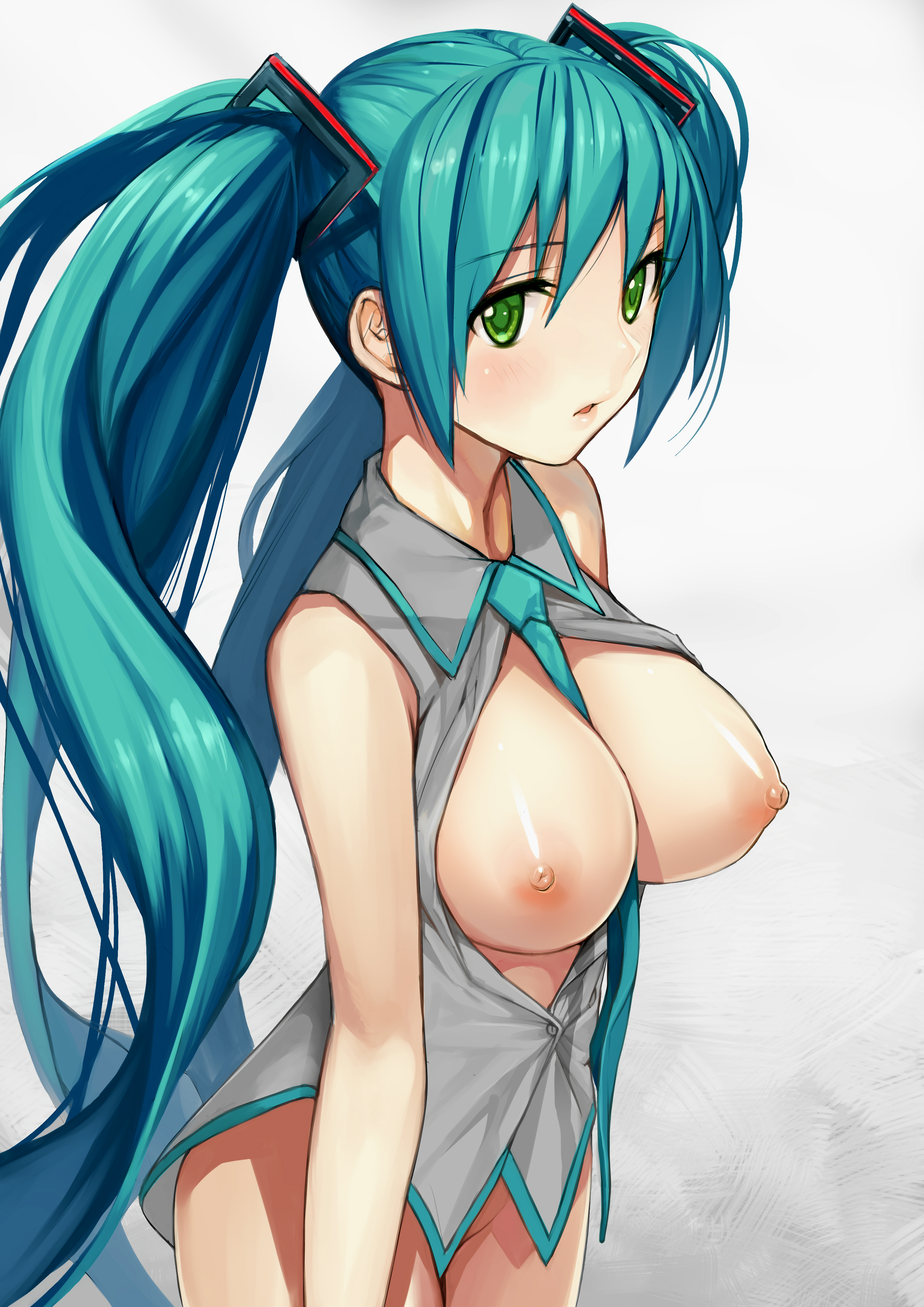 1girl, 1girls, aqua hair, between breasts, blue hair, blush, bottomless, breasts, breasts out, female, green eyes, hatsune miku, large breasts, long hair, looking at viewer, necktie, necktie between breasts, nipples, open clothes, open shirt, shirt, solo, twintails, very long hair, vocaloid