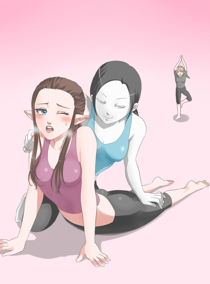 1boy, 2girls, ass, blue eyes, blush, breasts, character in background, cleavage, elf, elf ears, elf female, female, link, link (twilight princess), male, multiple females, multiple girls, nintendo, one closed eyes, open mouth, pointy ears, pose, princess zelda, smile, spandex, stretch, sweat, tank top, the legend of zelda, twilight princess, wasabi (legemd), white skin, wii fit, wii fit trainer, wii fit trainer (female), yoga, yoga pants, zelda (twilight princess)