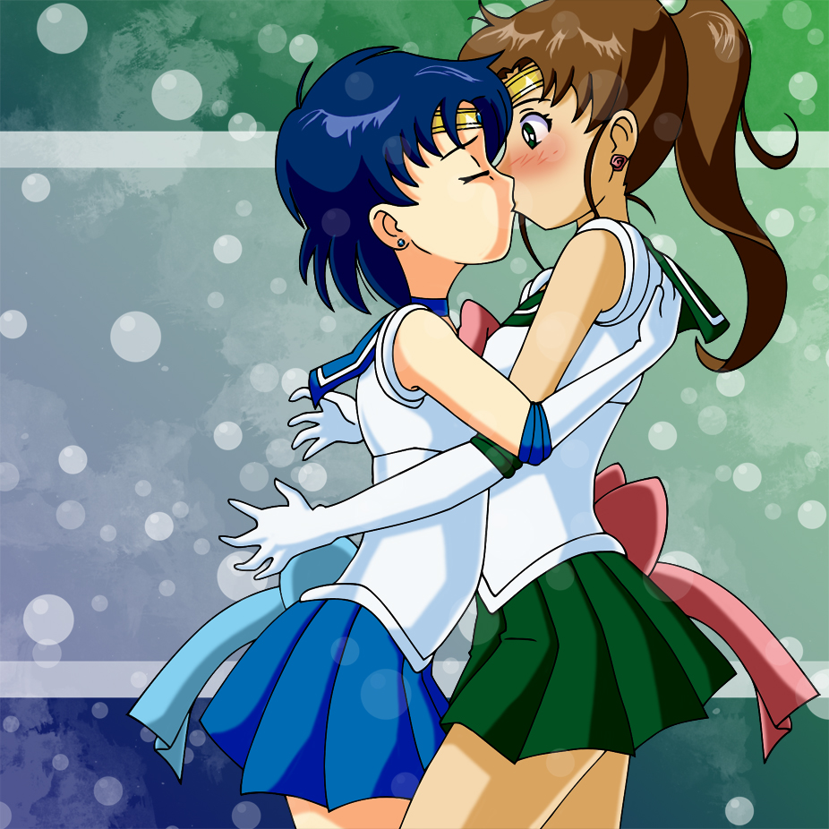 2girls ami_mizuno bishoujo_senshi_sailor_moon blue_hair blush bokeh bow brown_hair choker circlet closed_eyes clothed clothing earrings elbow_gloves female female_only glee-chan gloves green_eyes hug human jewelry kissing love magical_girl makoto_kino multiple_females ponytail sailor_jupiter sailor_mercury short_hair skirt standing surprised tied_hair yuri