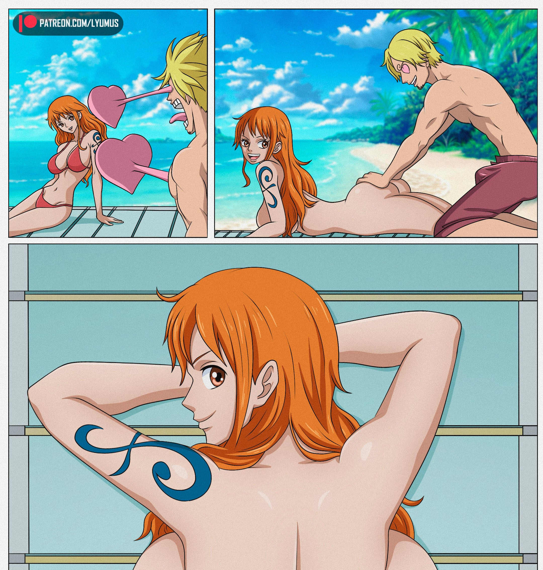 1boy, 1girls, applying sunscreen, arm tattoo, ass, beach, big ass, big breasts, blonde hair, blonde-haired male, blue tattoo, boner, breasts, casual nudity, erection, female, lyumus, male, median furrow, nami (one piece), one piece, orange hair, orange-haired female, post-timeskip, squeezing butt, tattoo, tattoo on arm, tattooed arm, vinsmoke sanji