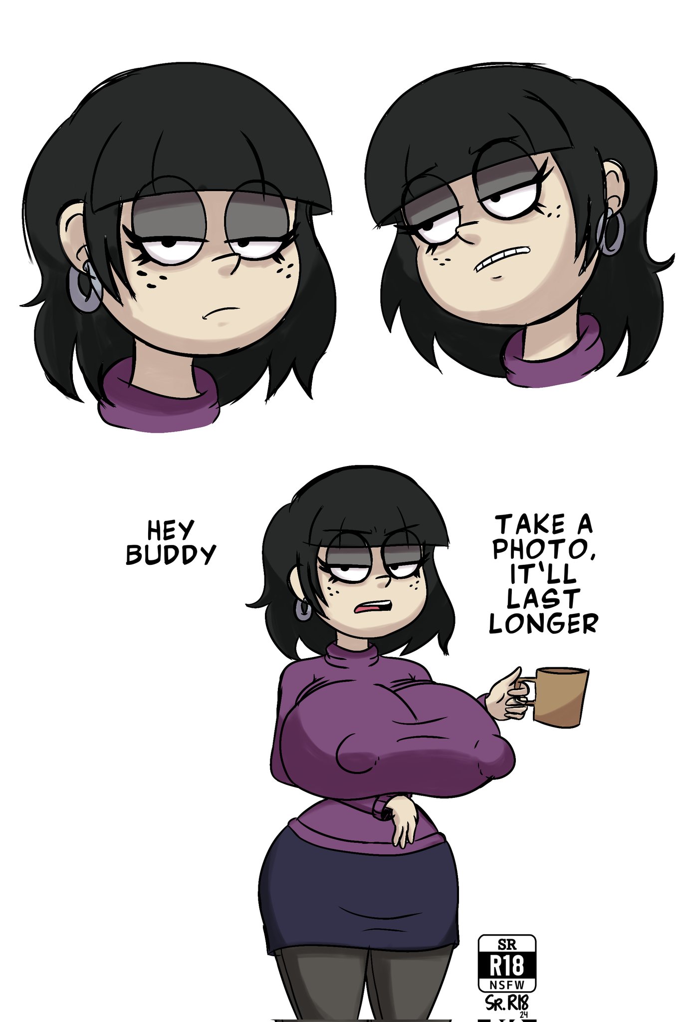 1girls, aged up, angry face, big boobs, big breasts, big tits, black hair, breasts, casual, clothed, emo, emo girl, female, female only, huge boobs, huge breasts, huge tits, maggie (the loud house), miniskirt, nickelodeon, nipples, nipples visible through clothing, no bra, pantyhose, pov, sr r18nsfw, stockings, sweater, teasing, the loud house, white background, wide hips