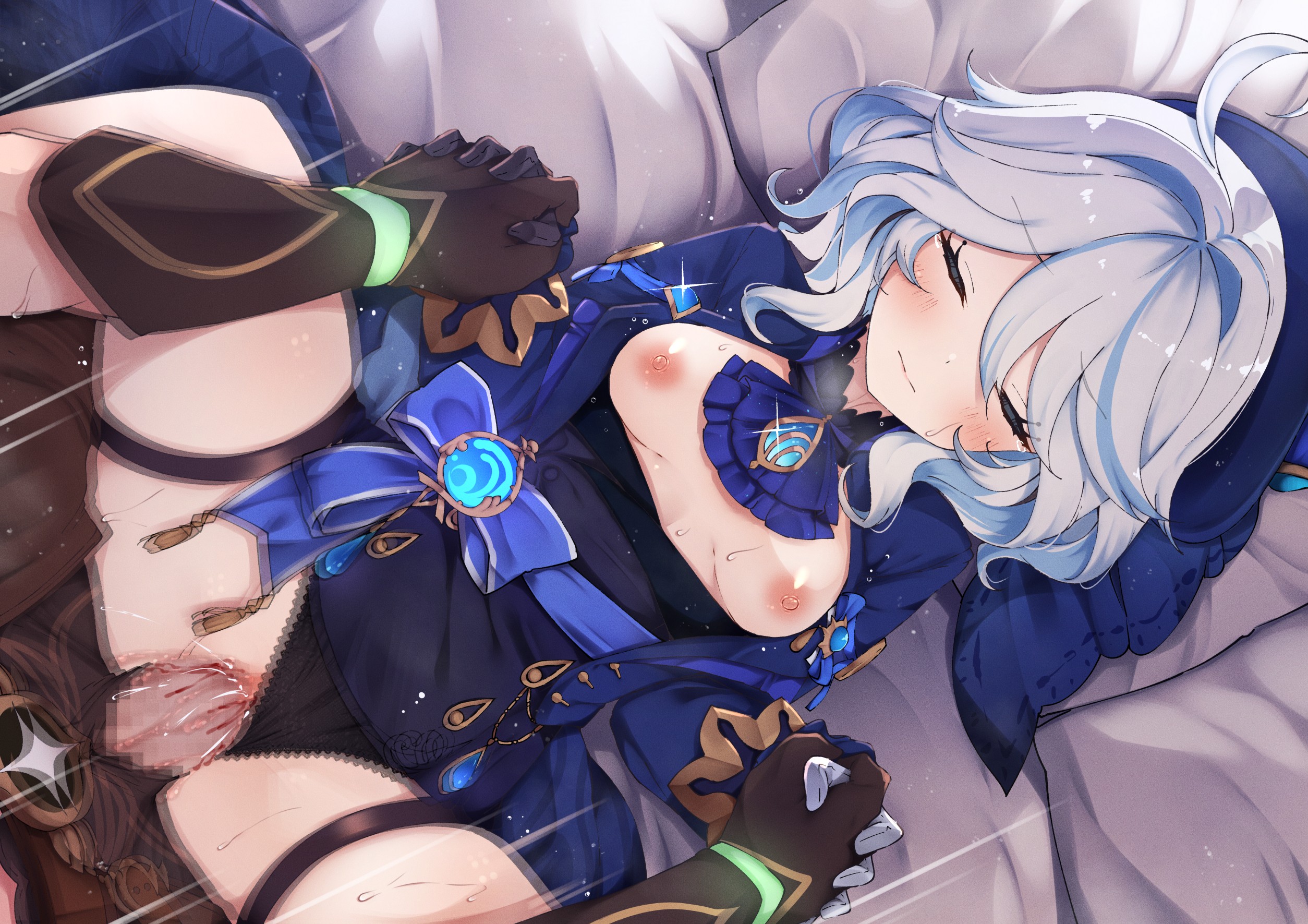 1boy, 1girls, aether (genshin impact), artist request, censored, defloration, female, first time sex, furina (genshin impact), genshin impact, holding hands, male, male pov, pleasure face, sex, straight, tagme, virginal blood, virginity loss