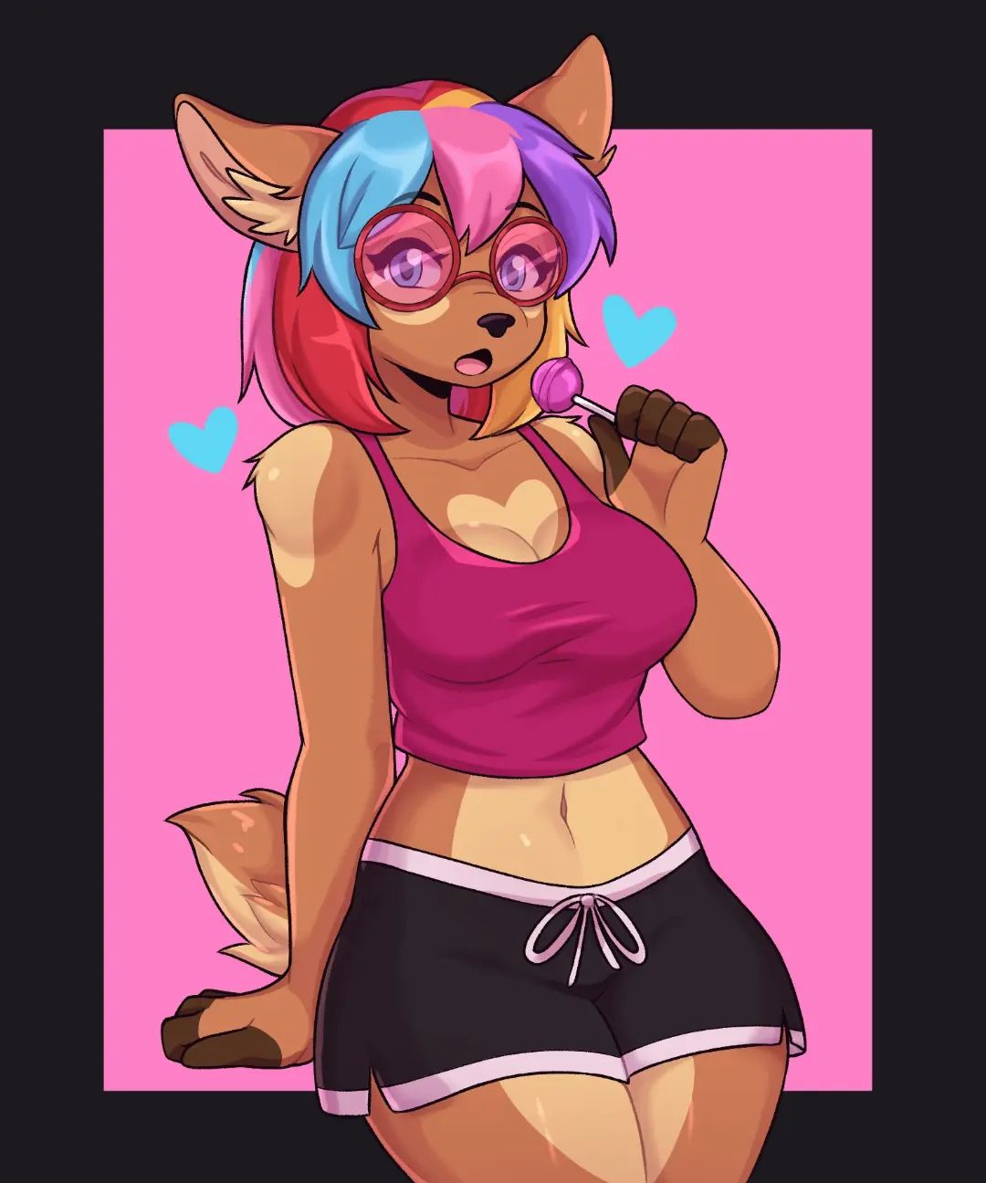 artkett1412 colored_glasses crop_top deer_girl dolphin_shorts furry heart lollipop looking_at_viewer melody_nosurname multicolored_hair shorts trans_(lore) trans_woman_(lore)