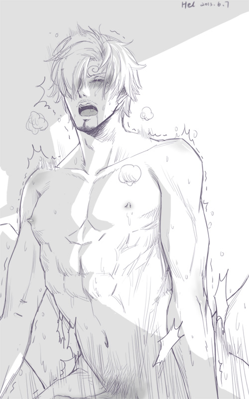 1boy abs artist_request blush closed_eyes cowgirl_position gay goatee hair hair_over_one_eye hel male male_only monochrome nipples nude one_piece panting pov riding vinsmoke_sanji yaoi