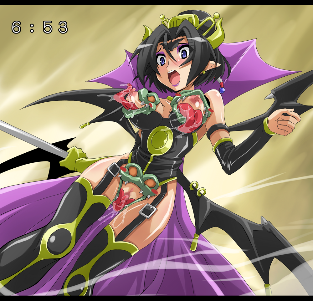 bare_shoulders bat bat_wings black_hair blue_eyes blush blush_stickers buckle censored chicago-x demon demon_girl digimon digimon_(species) digimon_xros_wars earrings eyeshadow facial_mark fake_screenshot female female_only forehead_mark garter_straps gattai_lilithmon hair_ornament horns jewelry letterboxed licking lilithmon lipstick makeup mosaic_censoring multi_wing nipples open_mouth pointy_ears purple_lipstick pussy saliva seven_great_demon_lords sharp_teeth short_hair solo succubus thighhighs wind wings