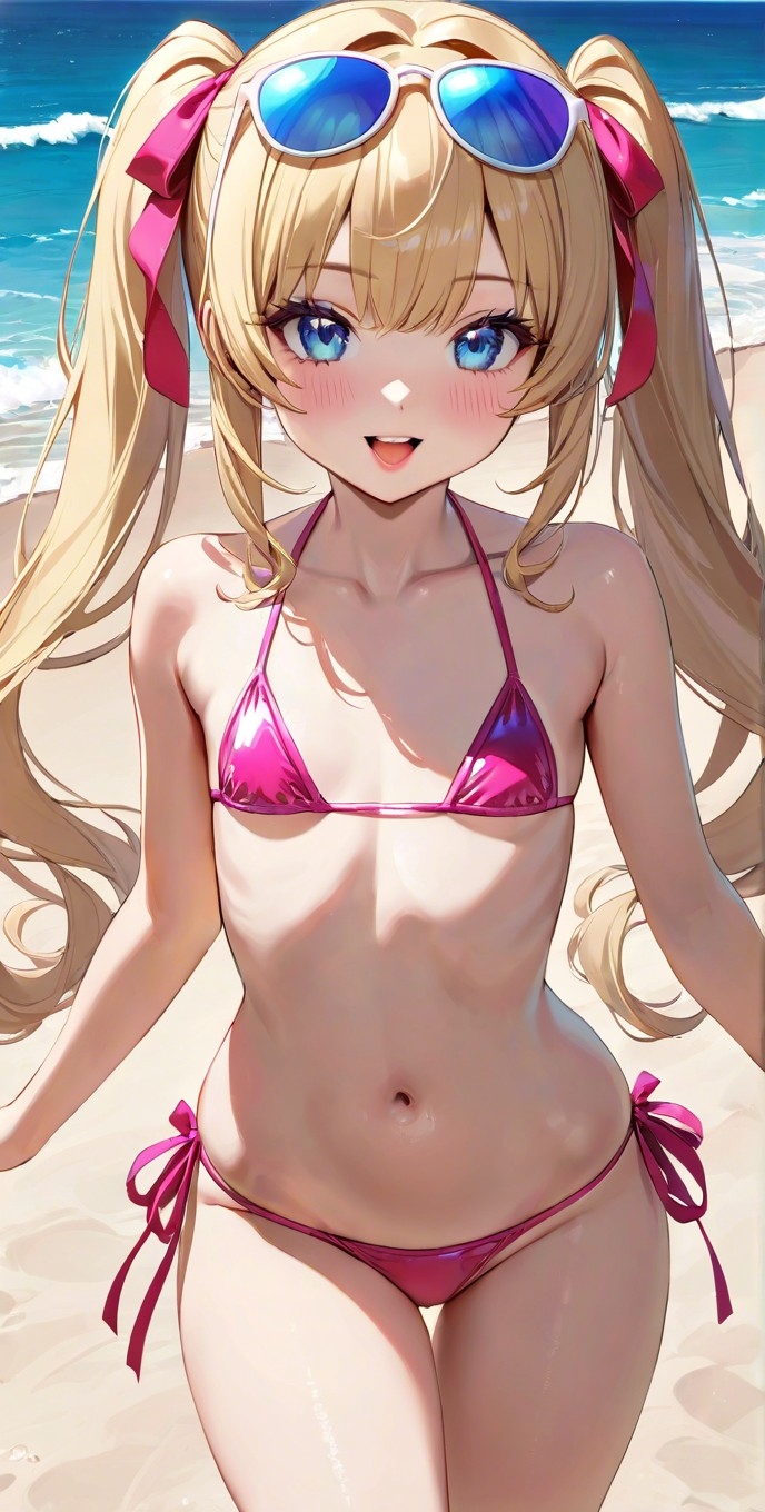 1girls adorable ai_generated background bangs bare_arms bare_legs bare_shoulders bare_thighs beach belly belly_button bikini bikini_bottom bikini_top blonde_female blonde_hair blonde_hair_female blue_eyes blush breasts collarbone commentary_request cute day female female_focus female_only flat_chest flat_chested girly hair_ribbon happy happy_female lia_the_busty_redhead light-skinned_female light_skin long_bangs long_hair looking_at_viewer micro_bikini midriff nature nature_background navel ocean open_mouth original original_character outdoors outside petite petite_body petite_female pink_bikini sand sea seaside self_upload shades skimpy skimpy_bikini skinny small_breasts solo solo_female solo_focus string_bikini sunglasses sunglasses_on_head tagme thighs tied_hair twintails water wavy_hair young