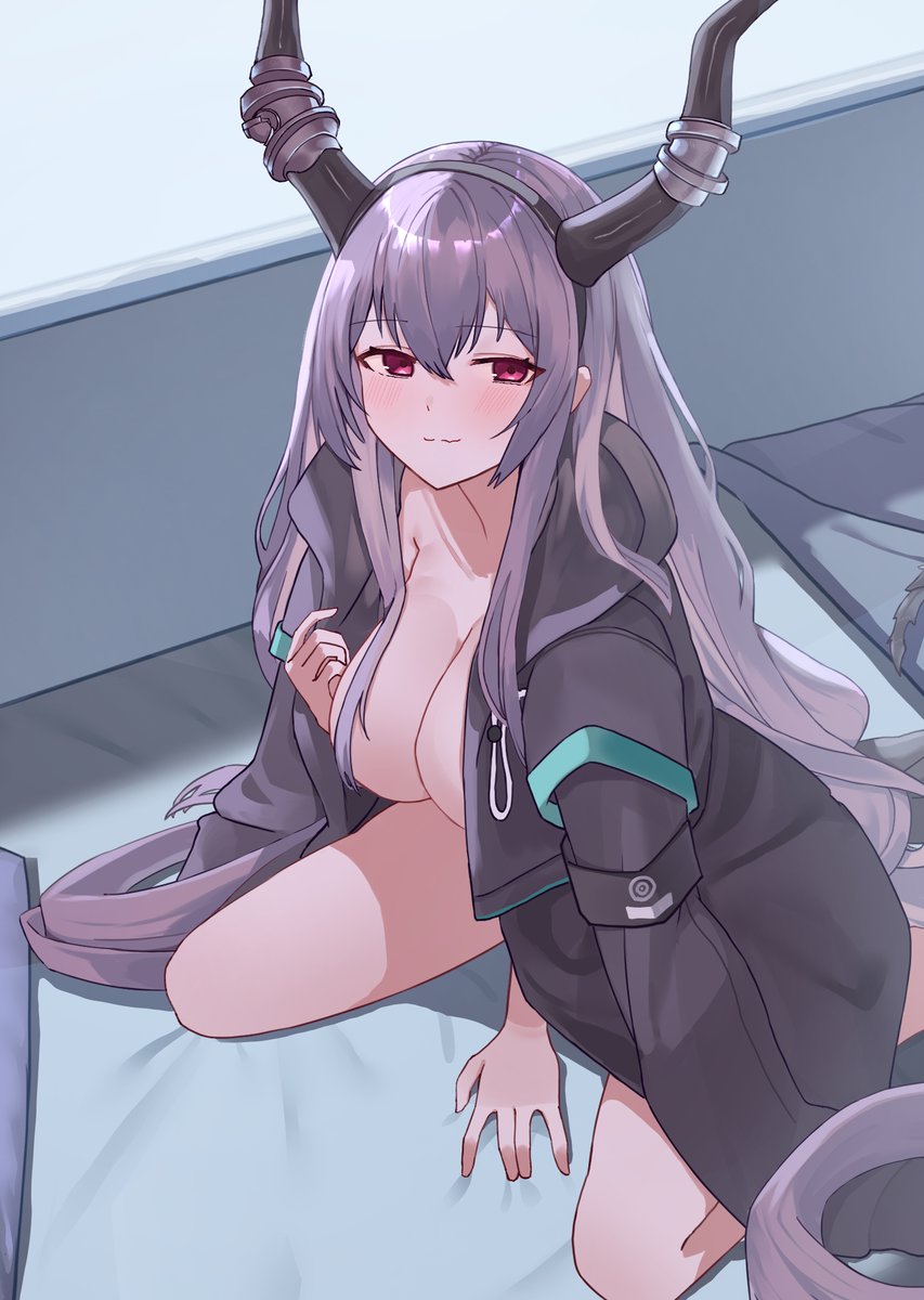 2024 arknights black_hairband black_horns black_jacket blush breasts cleavage closed_mouth come_hither cover cover_page doujin_cover eyes_visible_through_hair female hair_between_eyes hairband hi_res horns indoors jacket jacket_on_shoulders large_breasts long_hair long_sleeves looking_at_viewer osuzu_botan pink_eyes purple_hair sitting smile solo split_mouth typhon_(arknights) very_long_hair wariza