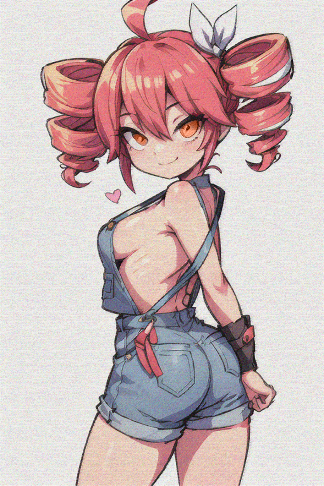 ahoge ai_generated antenna_hair ass big_ass big_breasts big_butt big_head breasts crayon_(artwork) drill_hair exposed_breasts hair kasane_teto looking_at_viewer medium_breasts neoteny no_bra_under_clothes orange_eyes overall_shorts overalls pastel pink_hair red_eyes red_hair ribs shorts sideboob simple_background small_ass small_breasts solo standing utau