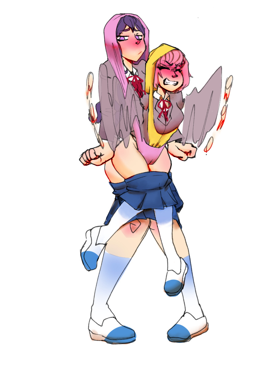 2girls, blush, cameltoe, doki doki literature club, female, female only, human, multiple females, multiple girls, natsuki (doki doki literature club), nitrowolf (artist), pussy, wedgie, yuri (doki doki literature club)