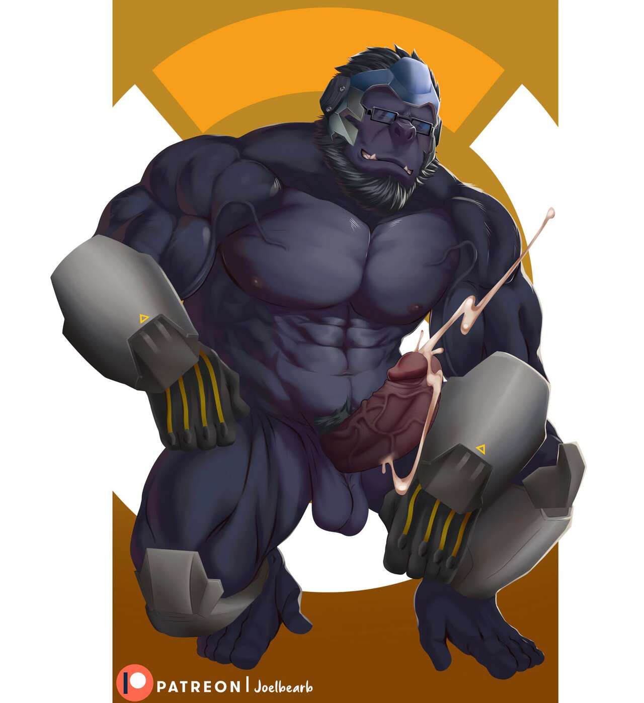 anthro balls bara barazoku boner closed_eyes cum cumming erection furry glasses gorilla joelbearb male male_only muscles muscular nude orgasm overwatch penis solo solo_male squatting winston_(overwatch)