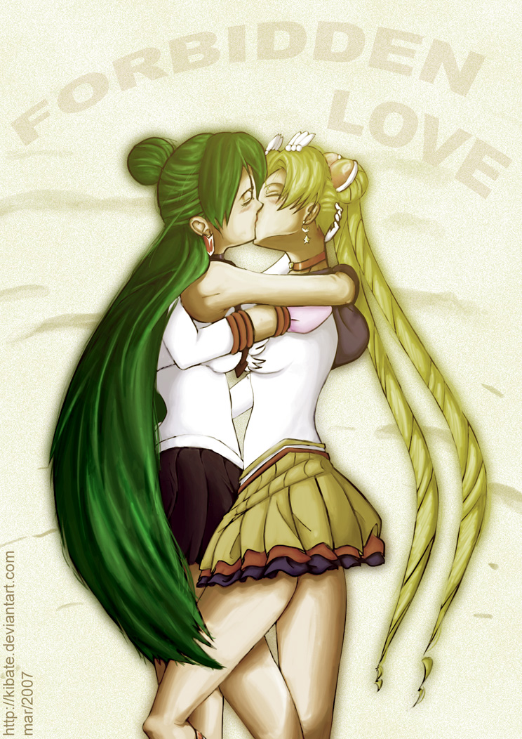 2girls art bare_legs between_legs bishoujo_senshi_sailor_moon blonde_hair blush choker closed_eyes clothing earrings elbow_gloves female female_only friends gloves green_hair hug jewelry kibate kissing legs love magical_girl multiple_girls neck sailor_moon sailor_pluto setsuna_meiou skirt small_breasts standing symmetrical_docking tied_hair twintails usagi_tsukino very_long_hair yuri