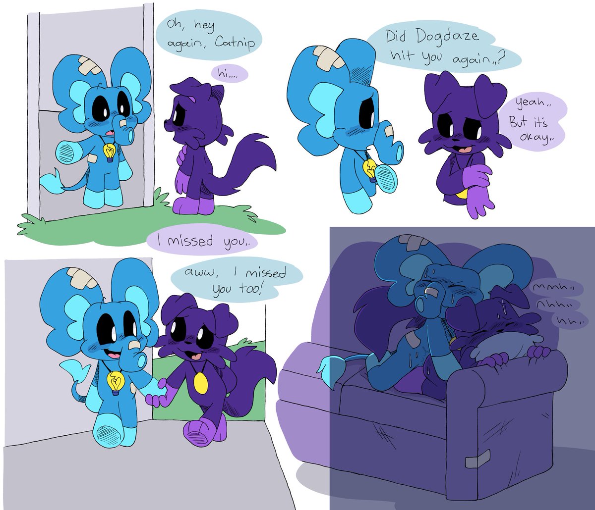 anal, anal sex, anthro, anthro on anthro, anthro only, blue body, blue fur, blue skin, catnip (pachi rizuu), critters (poppy playtime), dialogue, furry only, gay, gay sex, hubba hubbaphant (pachi rizuu), living room, male, male only, no humans, no visible genitalia, pachi rizuu, palatis, poppy playtime, poppy playtime (chapter 3), purple body, purple fur, purple skin, sex, smiling critters, sofa, tagme