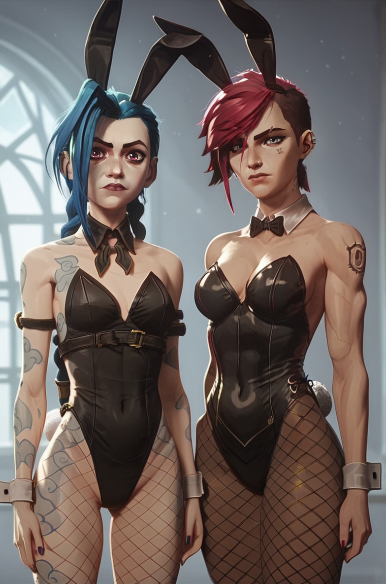 2girls ai_generated arcane arcane_jinx arcane_vi bunny_ears bunnysuit female_only jinx_(league_of_legends) league_of_legends multiple_girls muscular muscular_female riot_games short_hair small_breasts tattoo tomboy twin_braids twintails vi