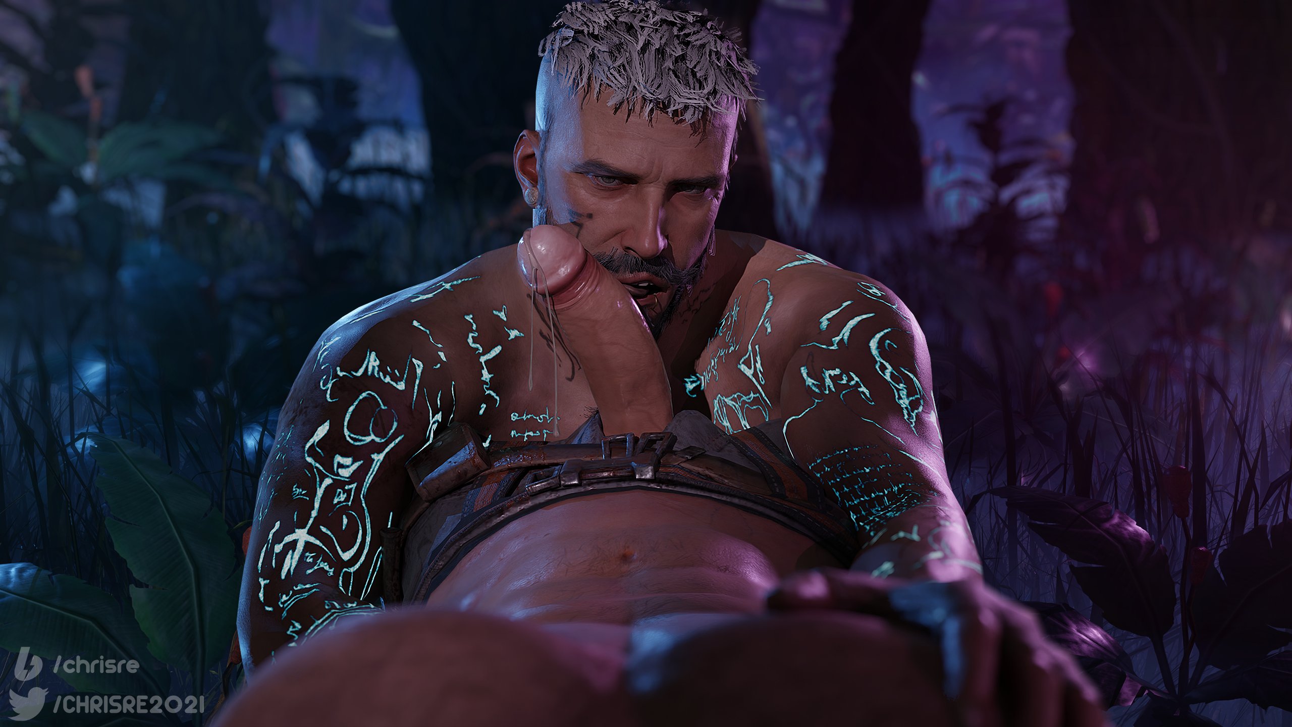 2boys, 3d, abs, chrisre2021, david king, dead by daylight, dilf, eye contact, gay, licking penis, looking at viewer, male, male only, oral, outdoors, pecs, penis, pov, precum, shirtless, tattoo, vittorio toscano