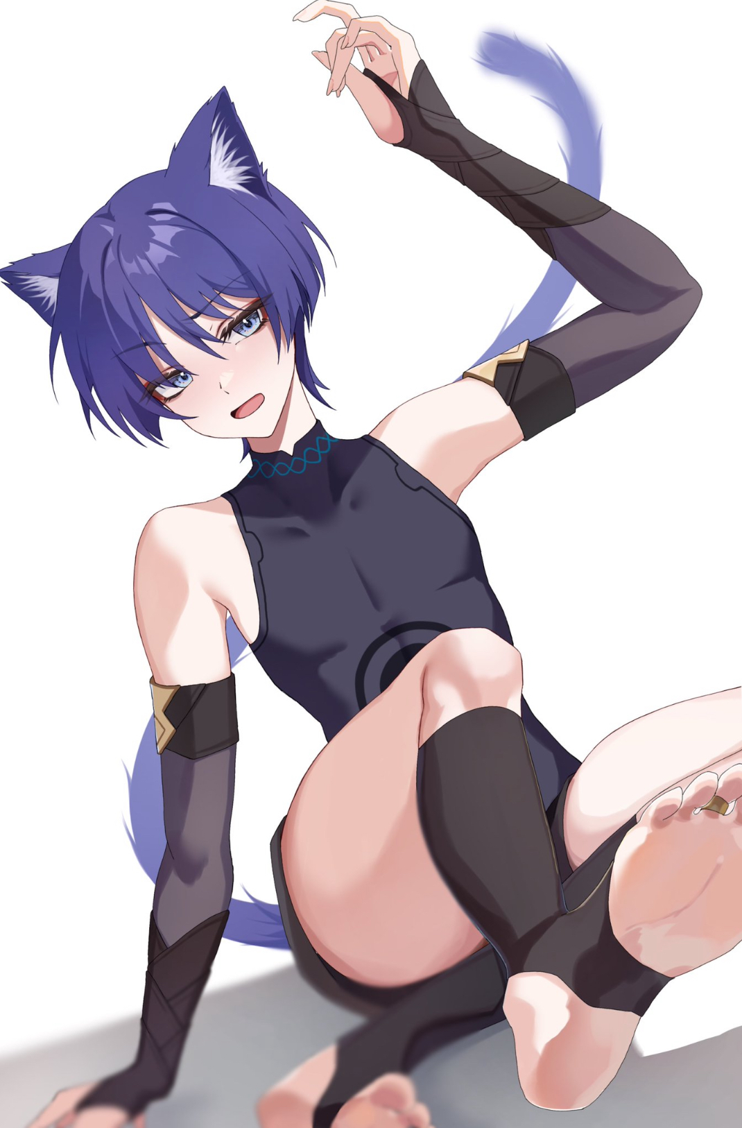 1boy, blush, cat boy, cat ears, cat tail, catboy, feet, femboy, foot fetish, genshin impact, girly, male, male focus, male only, purple eyes, purple hair, scaramouche (genshin impact), stirrups, tagme