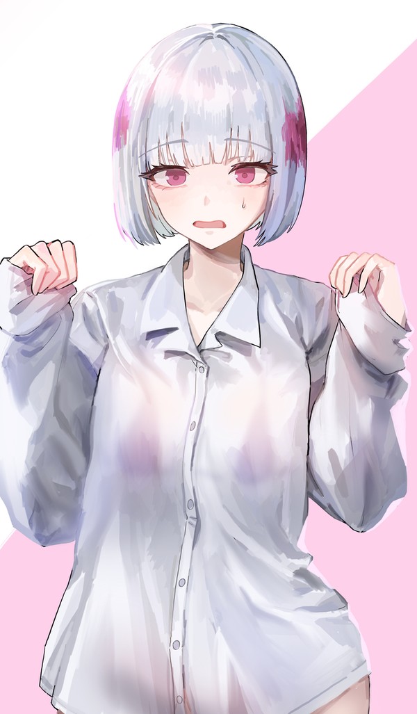 1ambiguous blush cute cute_expression cute_face jujutsu_kaisen multicolored_hair nervous oversized_clothes oversized_shirt pink_eyes shirt_only uraume white_hair