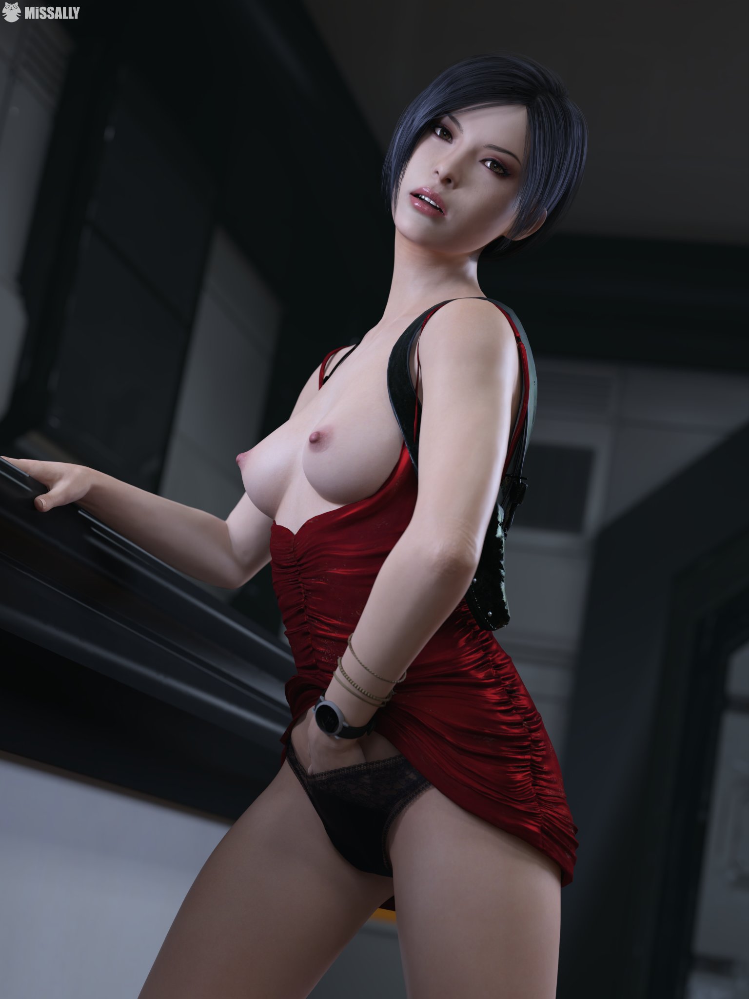 3d, ada wong, black panties, breasts, female, female masturbation, lifting skirt, masturbation, medium breasts, medium hair, miniskirt, missally, nude, panties, red skirt, resident evil, short hair, skirt, skirt up