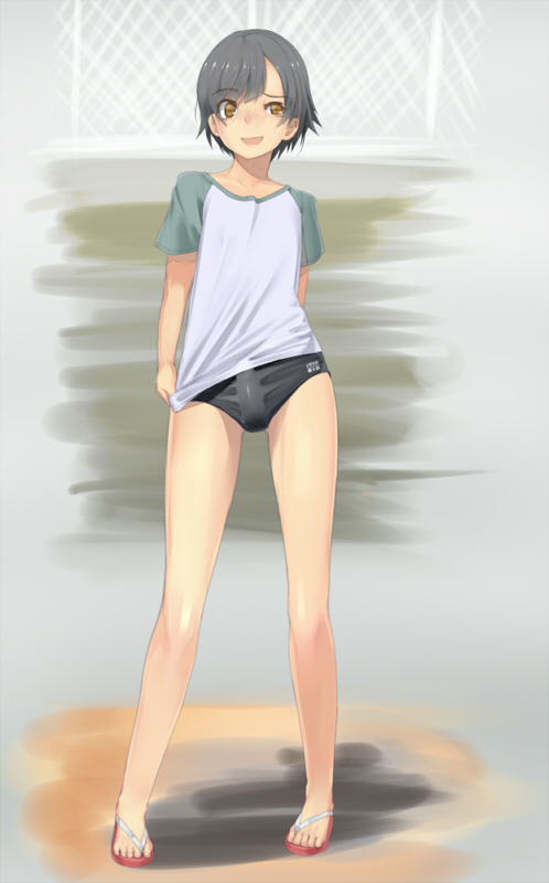 1girls bulge female flat_chest nipples penis_in_clothes prosthesis sandals sea_cucumber shirt speedo swimsuit tomboy