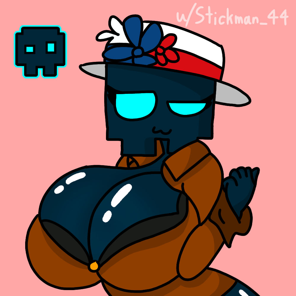 black_bra blue_eyes blue_skin brown_shirt cube_11_(geometry_dash) czech_republic eyelashes geometry_dash hat pink_background rule_63 stickdash44 stickdash_(stickdash44) stickman44