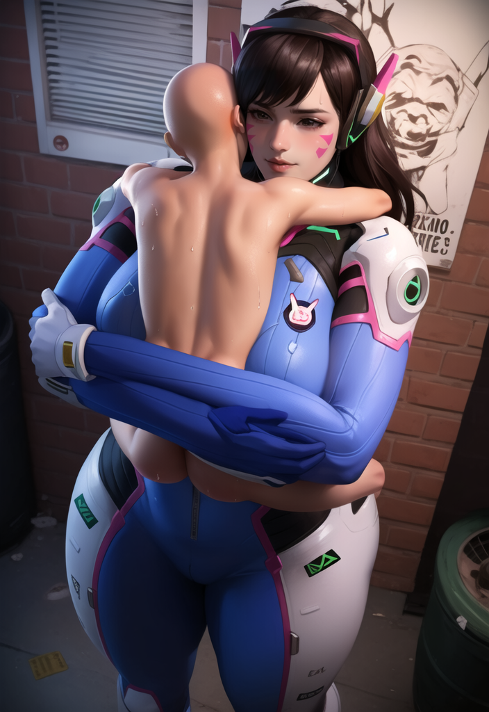 ai_generated bald black_eyes blush bodysuit breasts carrying d.va eyebrows eyes facial facial_markings hana_song headgear hips huge_thighs male/female naked nude_male older_man_and_teenage_girl original outdoor overwatch standing thick thick_ass thick_thighs thighs wide_hips