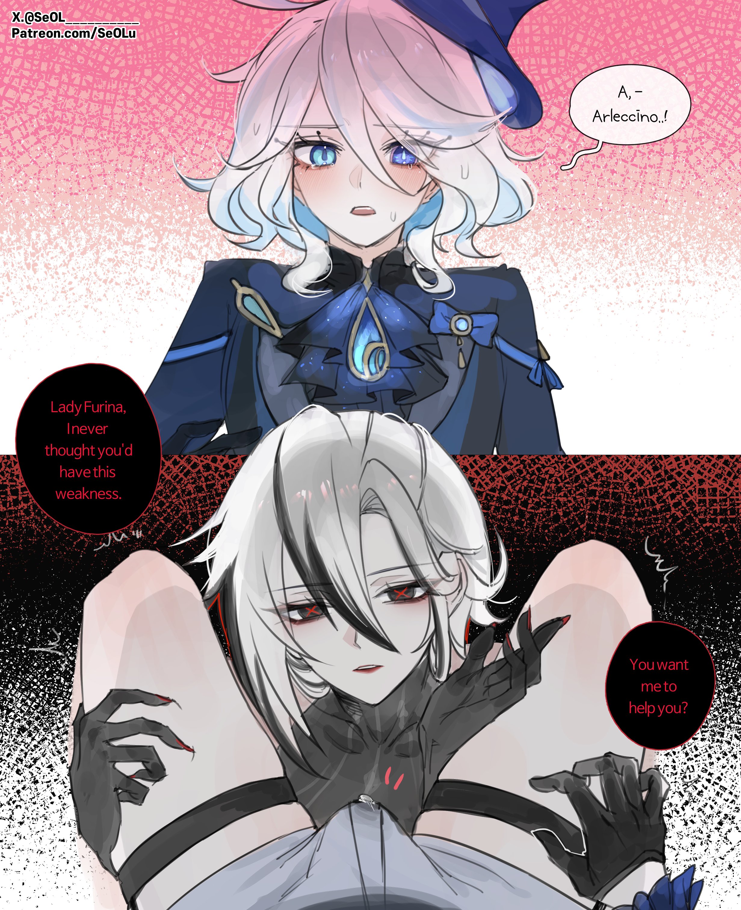 1futa, 1girls, arlecchino (genshin impact), dialogue, duo, erection, female, furina (genshin impact), futa on female, futa pov, futanari, genshin impact, human, intersex, pov, seol (baconontheclock), sitting, spread legs, text