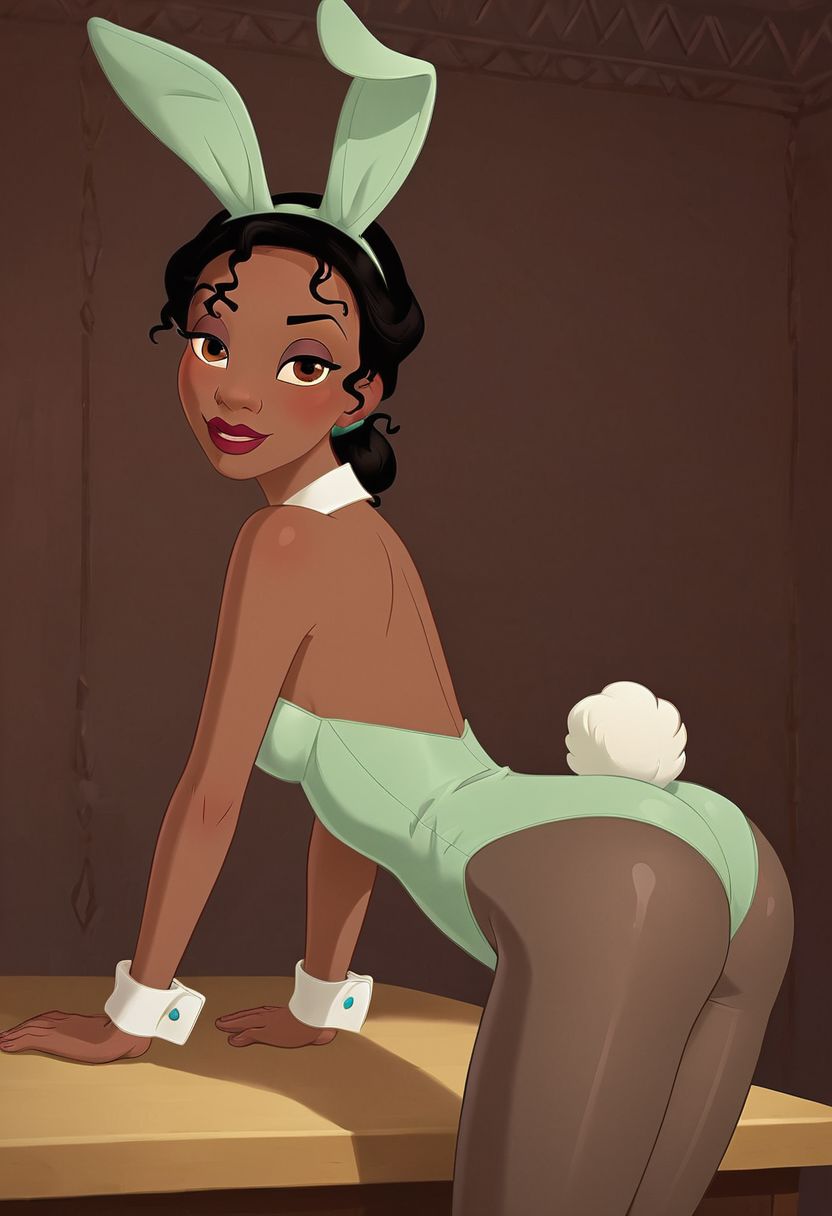 ai_generated bare_shoulders black_hair bunny_ears dark-skinned_female dark_skin detached_collar detached_cuffs disney disney_princess fake_animal_ears female female_only green_leotard hair_bun leotard pantyhose playboy_bunny princess_tiana red_lipstick sandlecrantz_(ai_generator) self_upload solo solo_female strapless_leotard the_princess_and_the_frog tiana