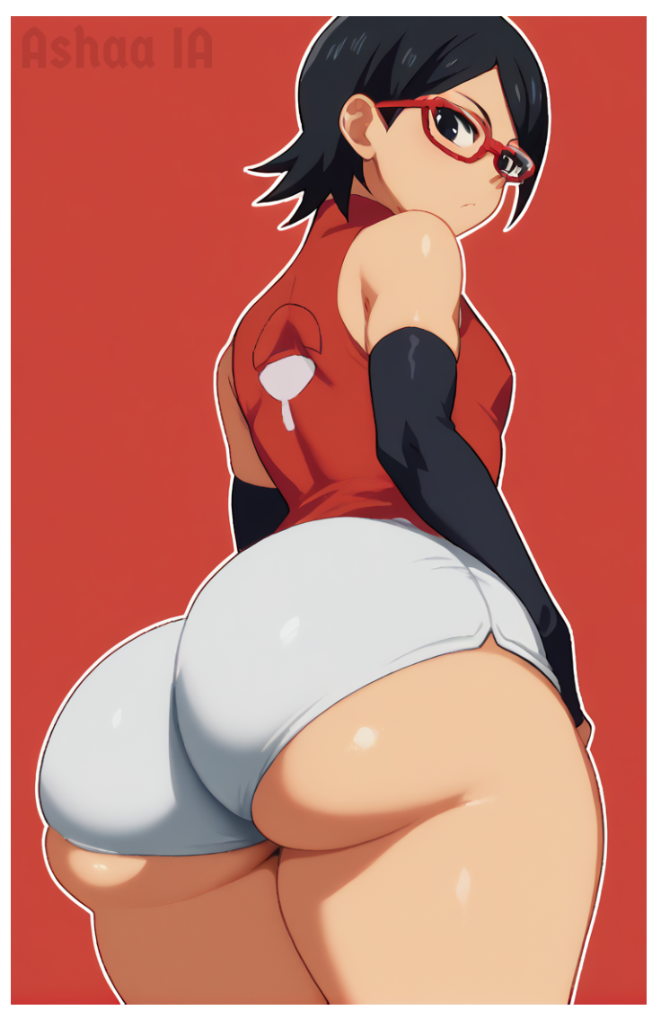 ai_generated ashaa big_ass big_butt black_eyes black_hair boruto:_naruto_next_generations bubble_butt elbow_gloves glasses gloves low-angle_view naruto naruto_(series) pawg red_background red_glasses red_shirt sarada_uchiha simple_background uchiha_sarada uchiha_symbol white_outline white_shorts