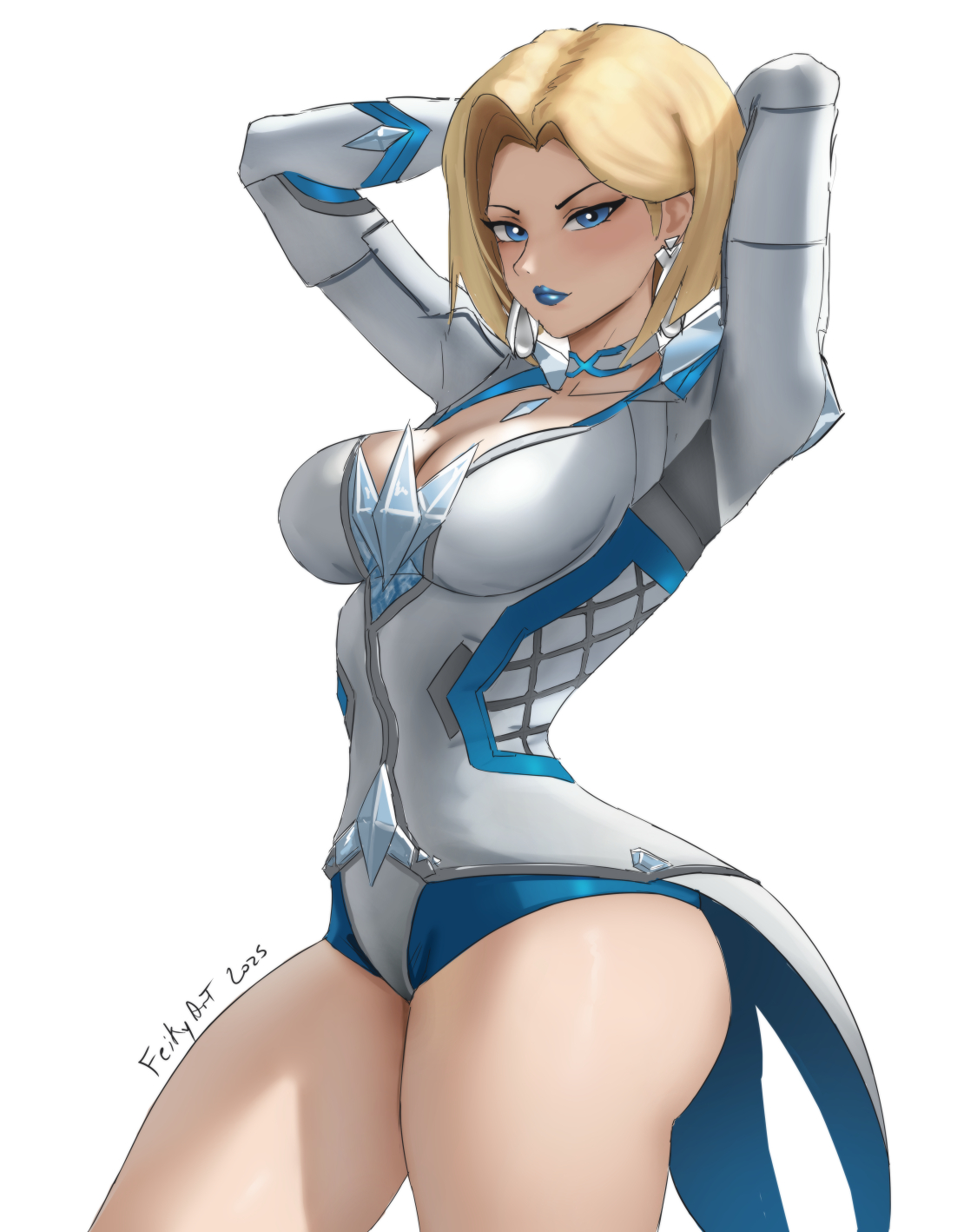 1girls, ass, blonde female, blue lipstick, bob cut, breasts, emma frost, emma frost (marvel rivals), feikyart, female, female focus, female only, hi res, large breasts, light skin, light-skinned female, looking at viewer, marvel, marvel comics, marvel rivals, solo, thick thighs, thighs, wide hips
