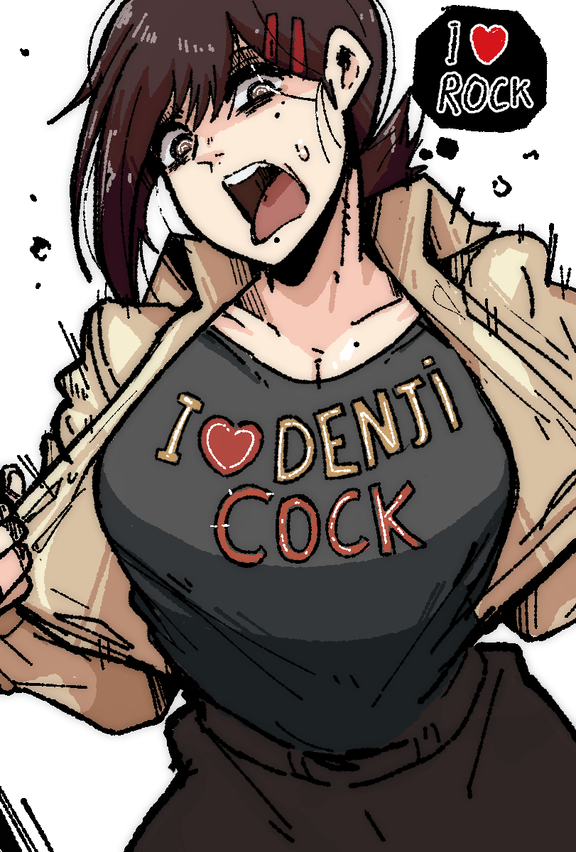 1girls, big breasts, blush, breasts, brown eyes, brown hair, brown-haired female, chainsaw man, cock shirt, female, heart, higashiyama kobeni, jacket, male, mark gavatino, open jacket, penis, short hair, showing breasts, tagme (artist), tongue, tongue out