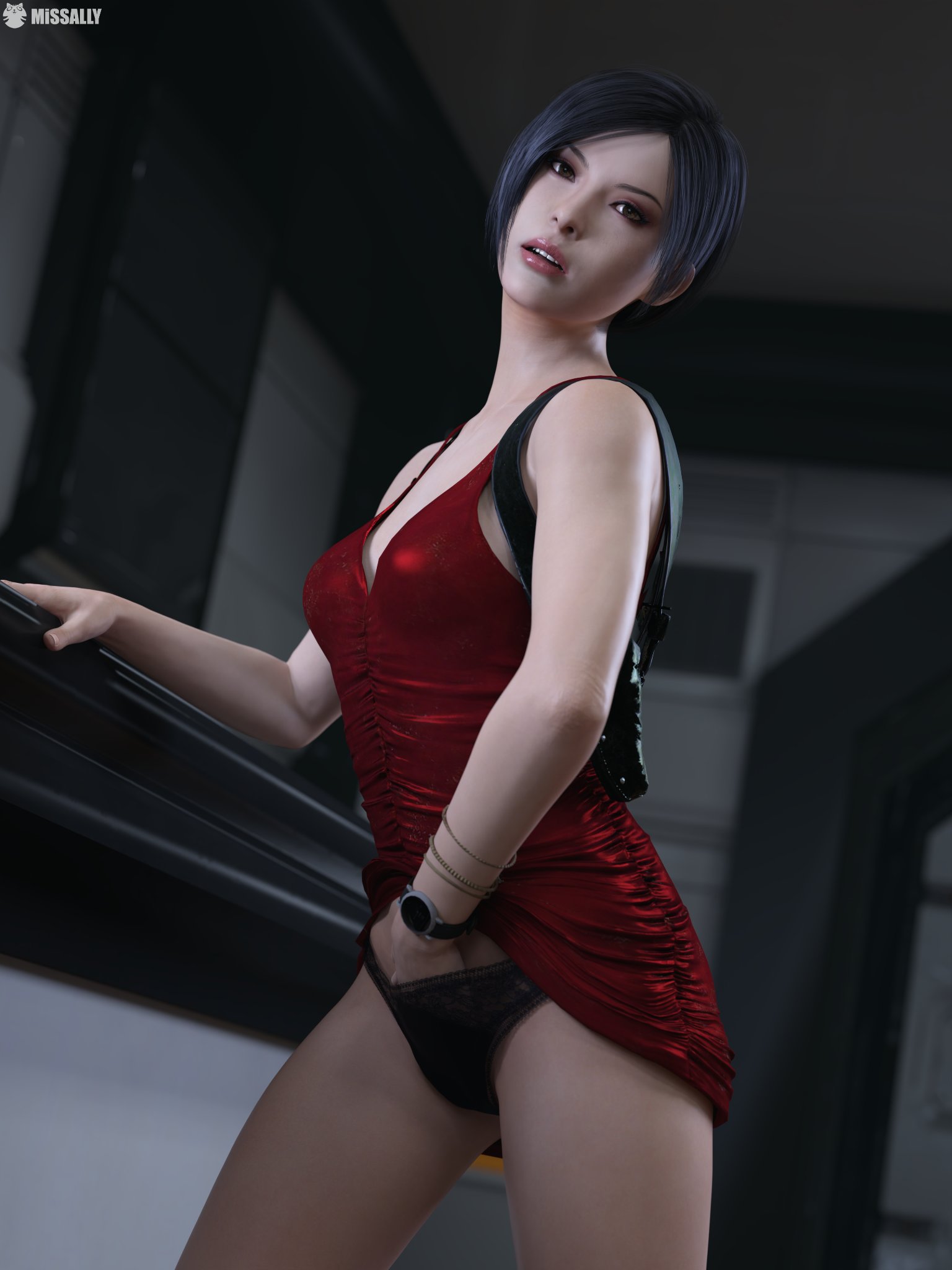3d, ada wong, black panties, breasts, female, female masturbation, masturbation, medium breasts, medium hair, missally, nude, panties, red skirt, resident evil, short hair, skirt, skirt lift, skirt up