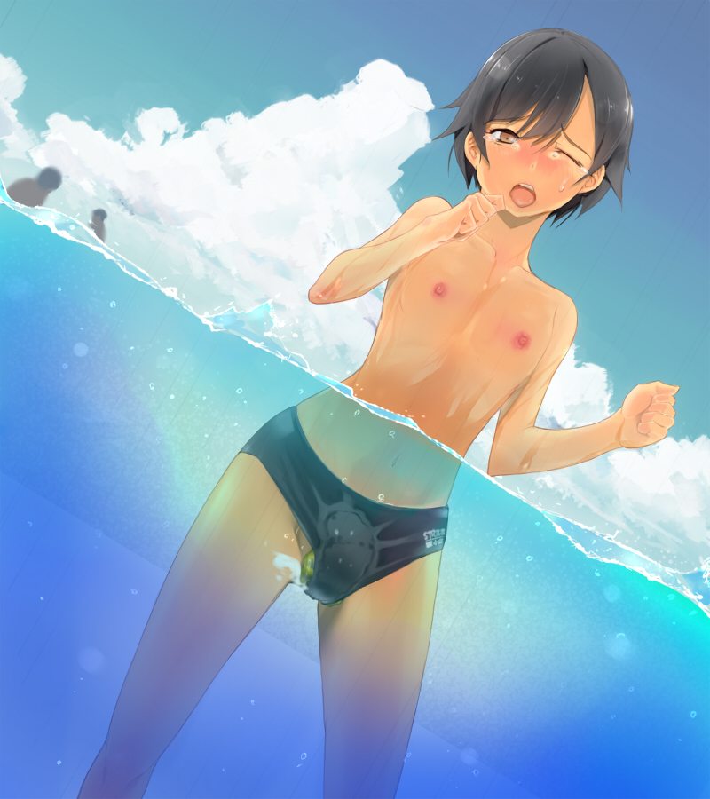 1girls 2boys female flat_chest male nipples prosthesis sea_cucumber speedo swimsuit tomboy water