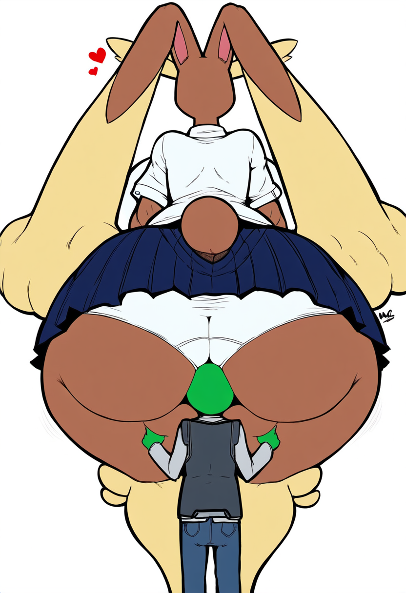 ai generated, anon, anonymous character, ass, big breasts, bottom heavy, breasts, cosplay, face in ass, faceless male, female, hourglass figure, huge ass, hyper ass, large breasts, larger female, lopunny, male, pokémon (species), pokemon, pokemon (species), school uniform, schoolgirl, size difference, smaller male, tagme