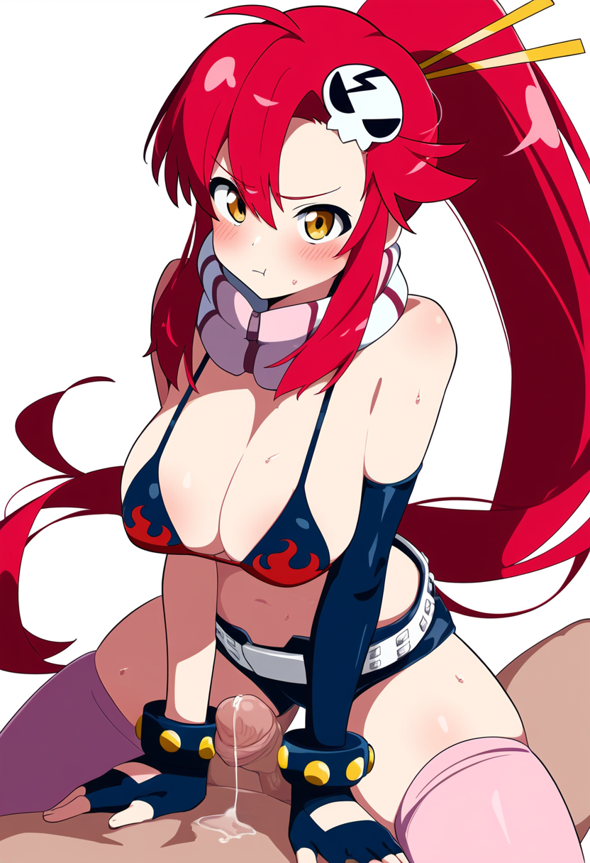 1boy1girl 2d ai_generated belt big_breasts blush bra breasts commentary_request crossed_arms execro female_focus light-skinned_female long_hair looking_at_viewer novelai orgasm_denial penis pout pov pov_male precum precum_drip red_hair straddling sweat tengen_toppa_gurren_lagann yellow_eyes yoko_littner