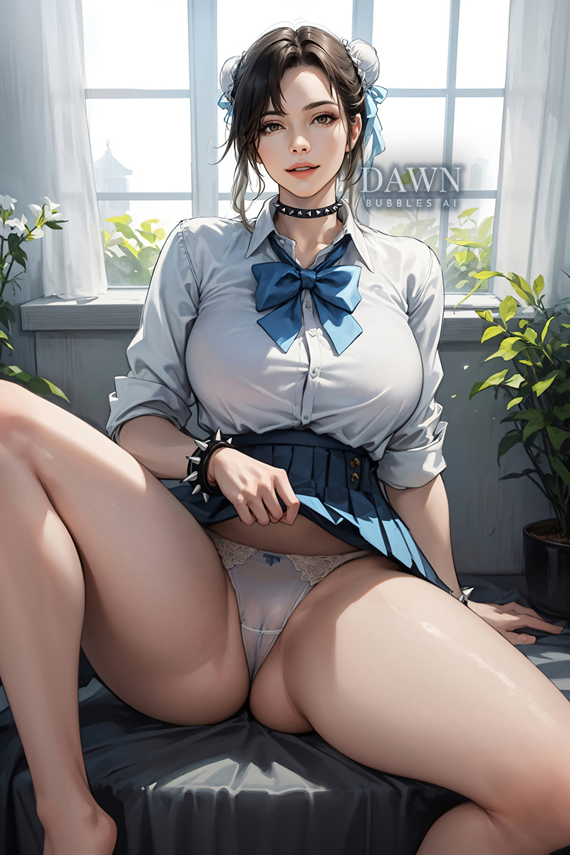 ai_generated asian asian_female ass breasts brown_eyes brown_hair bun_cover chun-li collar dawnbubblesai female female_focus female_only huge_breasts looking_at_viewer mature_female mature_woman non_nude panties pantyshot school_uniform schoolgirl serafuku short_hair sitting skirt skirt_lift skirt_pull solo spiked_bracelet spiked_collar spread_legs street_fighter thick_thighs thighs upskirt voluptuous