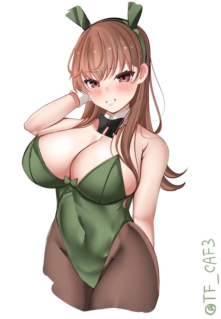 adapted_costume animal_ears blush bow bowtie breasts brown_eyes brown_hair brown_pantyhose cleavage covered_navel detached_collar fake_animal_ears female green_leotard highres kantai_collection large_breasts leotard long_hair ooi_(kantai_collection) pantyhose playboy_bunny rabbit_ears simple_background solo strapless strapless_leotard tf_cafe traditional_bowtie twitter_username white_background wrist_cuffs