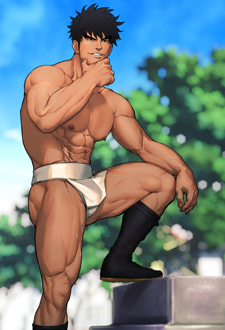 1boy bara beard_stubble black_hair blurred_background boots bulge daddy fundoshi fundoshi_only hand_on_chin hesoten male male_nipples male_only manly mature_male muscles muscular muscular_arms muscular_ass muscular_legs muscular_male muscular_thighs nipples original original_character pose protruding_nipples seductive seductive_look seductive_smile short_hair shunta smile syunta_87 vein white_fundoshi