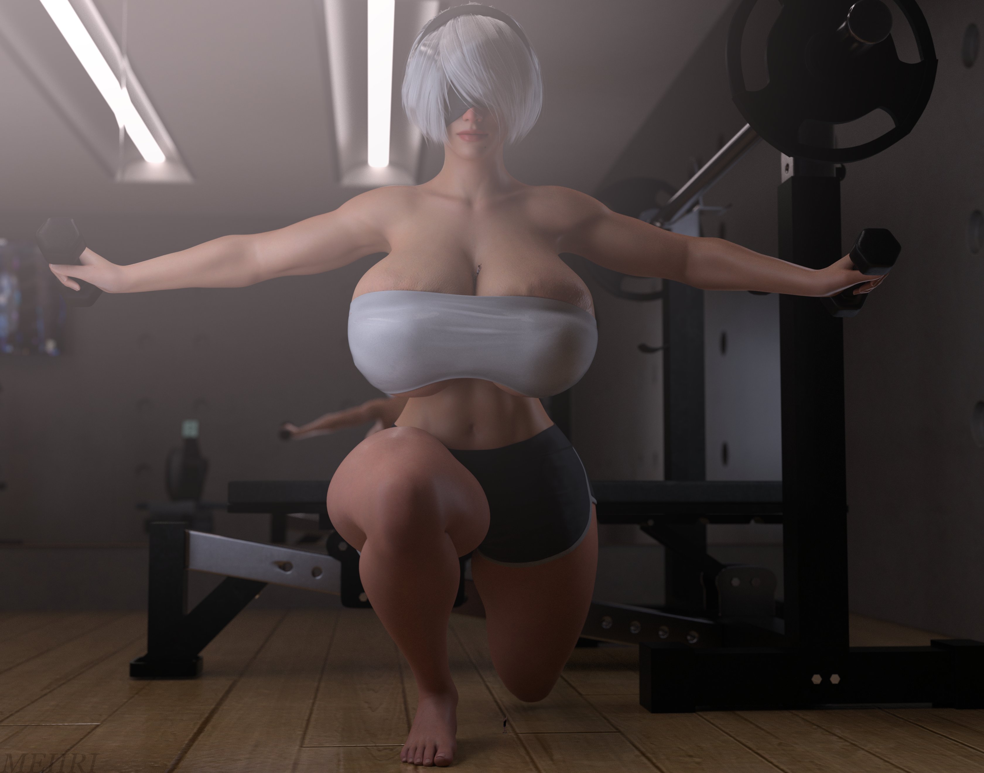 1girls, 2boys, 3d, between breasts, big breasts, blindfold, breasts, clothing, exercise, female, female focus, giantess, gym, hairband, huge breasts, jgrfgts, light skin, light-skinned female, male, meiirii, micro, nier, nier: automata, short hair, size difference, thick thighs, trapped, trapped in breasts, white hair, workout, workout clothes, yorha 2b