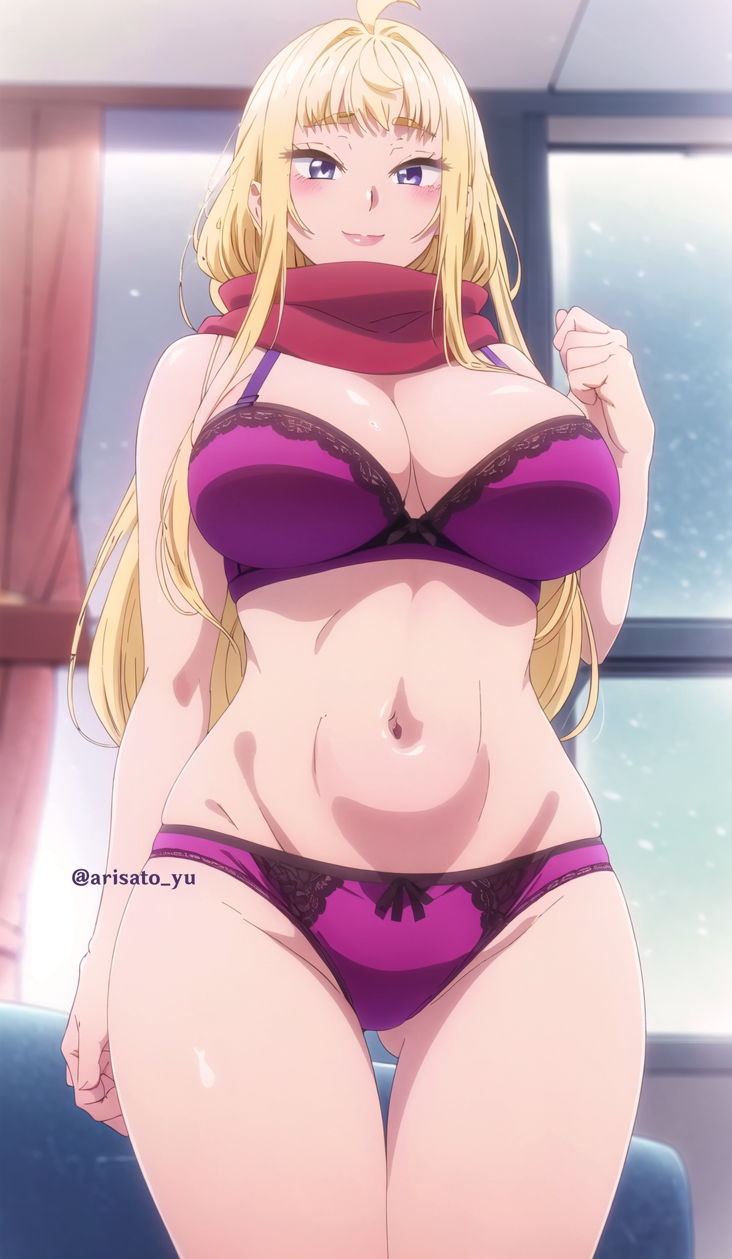 1girls, ai generated, arisato yu, big breasts, blonde hair, blush, breasts, dosanko gal wa namara menkoi, female, female only, fuyuki minami, lingerie, purple lingerie, purple underwear, scarf, underwear