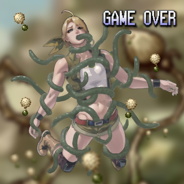 ai_generated bad_end bandana blonde_hair boots crop_top english_text eri_kasamoto game_over gameplay_mechanics metal_slug military monster one_eye_closed open_mouth open_vest oral plant plants rape seed short_shorts tentacle tentacle_in_mouth tentacle_rape tentacle_under_clothes text vest