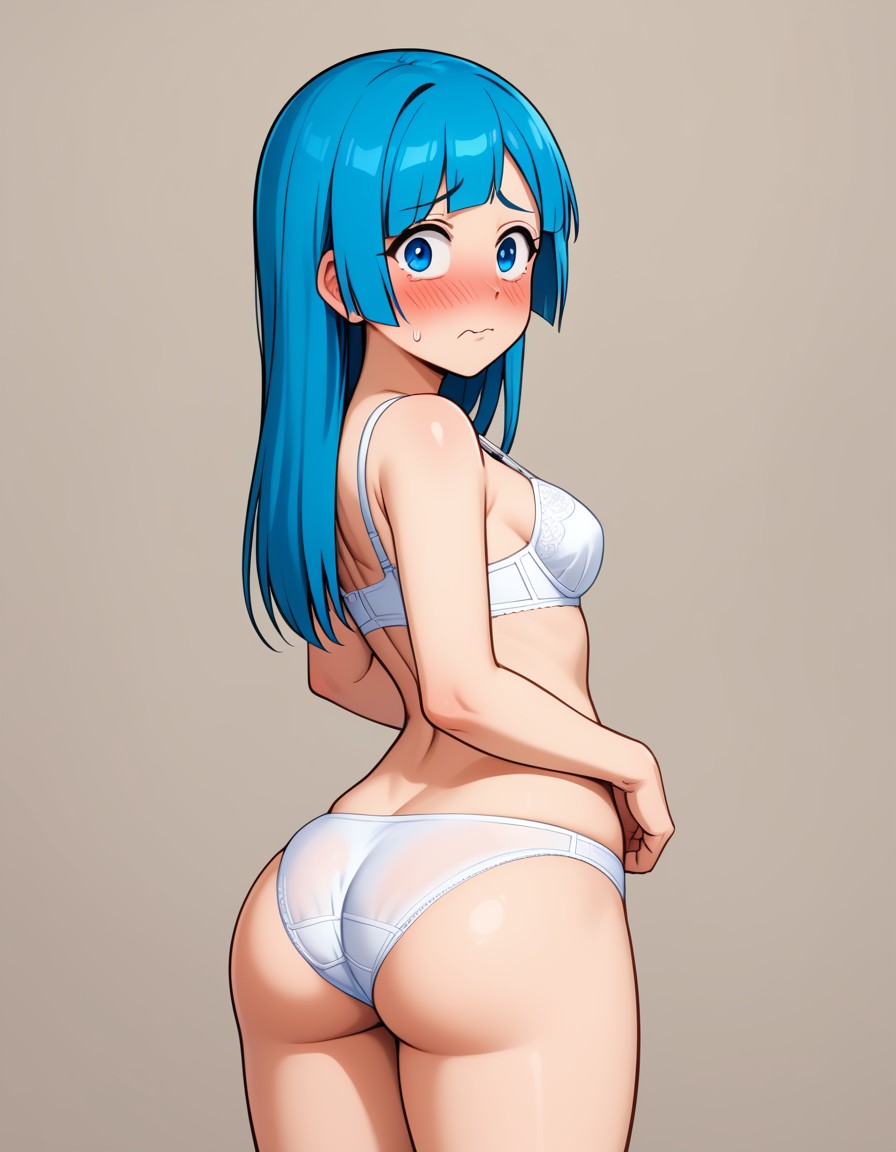 1girls ai_generated ass blue_eyes blue_hair blush bra embarrassed from_behind jujutsu_kaisen kasumi_miwa kslgsnb long_hair looking_at_viewer looking_back panties underwear white_bra white_panties white_underwear yodayo