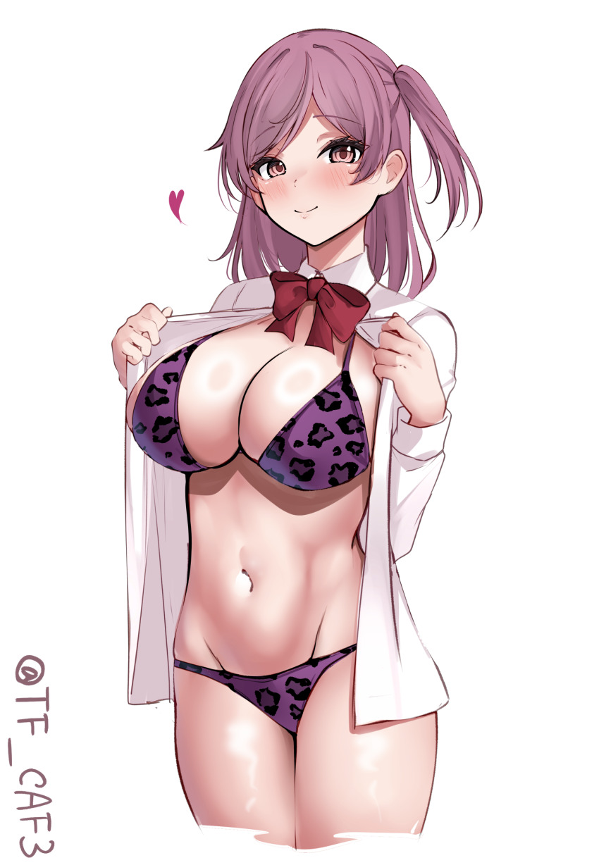 alternate_costume animal_print bikini blush bow bowtie breasts cleavage closed_mouth cowboy_shot cropped_legs female hagikaze_(kantai_collection) highres kantai_collection large_breasts leopard_print leopard_print_bikini long_sleeves looking_at_viewer medium_hair navel one-hour_drawing_challenge open_clothes open_shirt purple_bikini purple_eyes purple_hair red_bow red_bowtie simple_background smile solo swimsuit tf_cafe twitter_username white_background