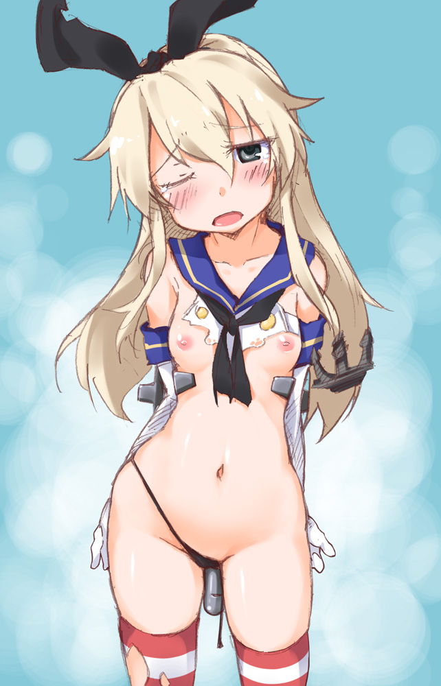 black_eyes black_panties blonde_hair blush breasts elbow_gloves female gloves insertion kantai_collection kuronyan long_hair open_mouth panties school_uniform shimakaze_(kantai_collection) standing striped striped_legwear thighhighs torn_clothes underwear